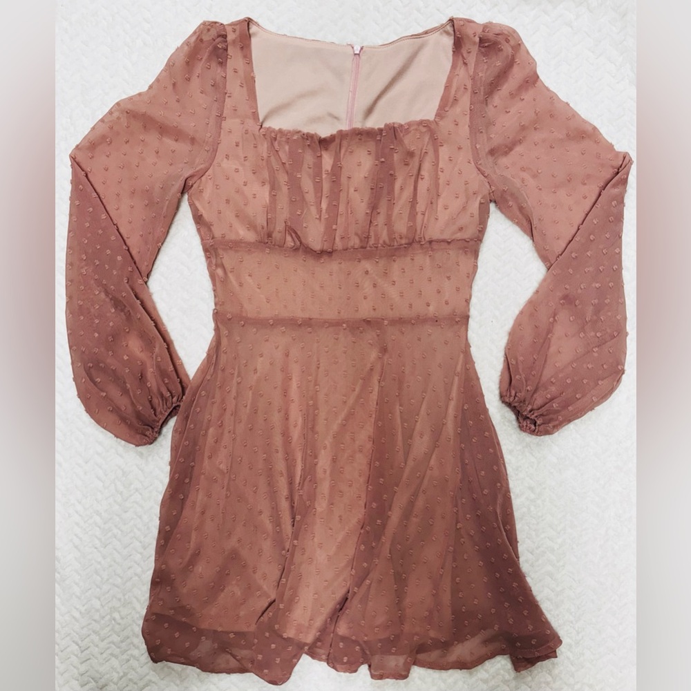 Swiss Dot Lantern Sleeve Mini Dress Size Small Dusty Rose Pink Flowy